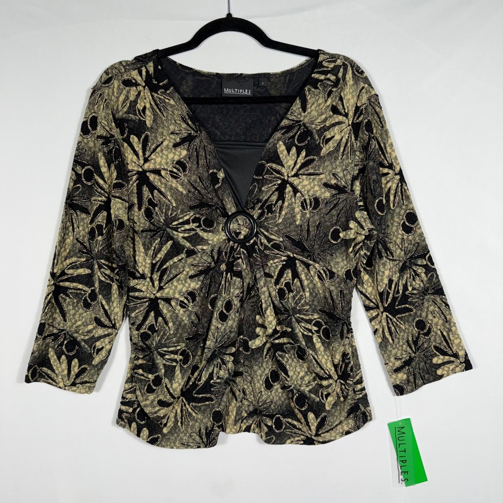 Vtg 90s Y2K Whimsigoth Metallic Gold Floral Top‎ Large Black O-Ring Babydoll NWT